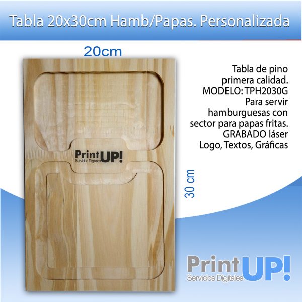 Tabla 20x30cm Hamburguesa/papas. Grabado Láser Logo/texto - Compra Mínima 5 Unidades.